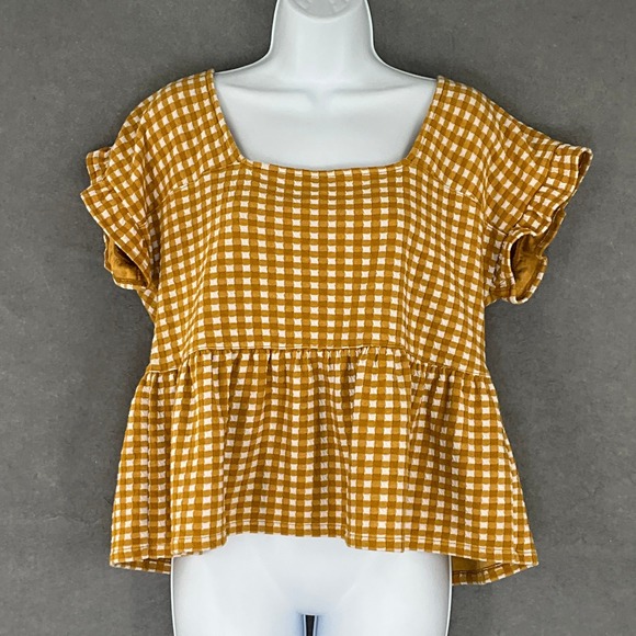Madewell Tops - Madewell Gingham Square Neck Peplum Top Mustard Yellow White Size S Cottagecore